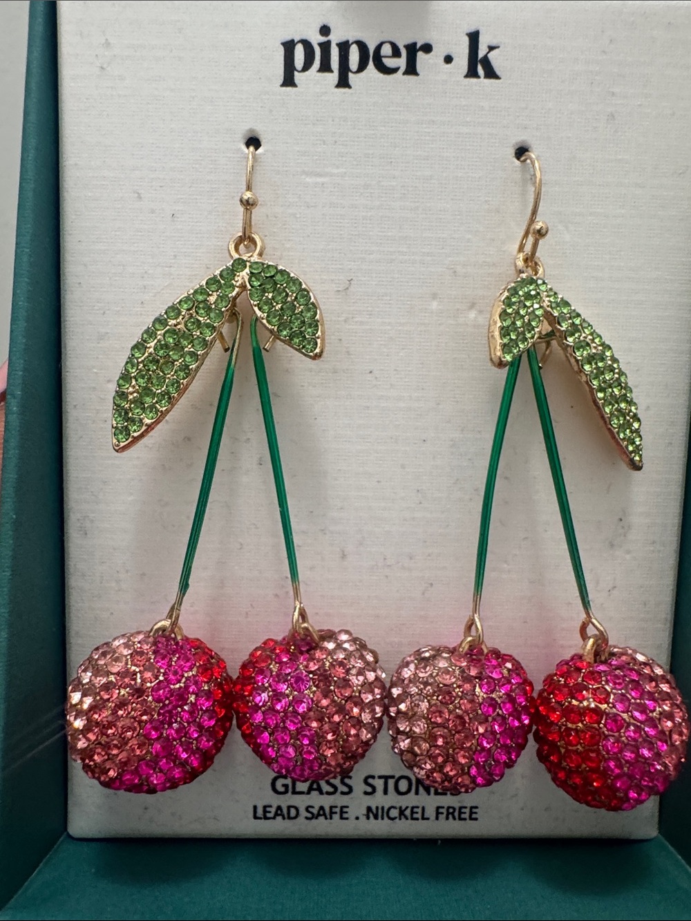 Piper Gold-Tone Green Leaf Pink & Red Crystal Cherry Drop Earrings
